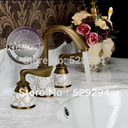 Tyrants Faucet Kitchen brushed antique brass double handle bathroom wash basin mixer. 3 Piece deck mounted bathroom bathtub fitting. Tap water, brass, Red