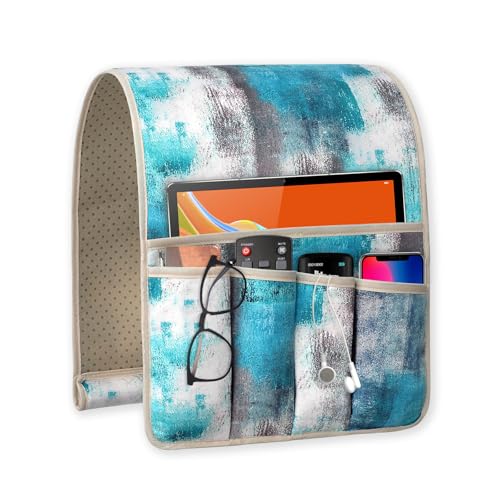 WETRBWEH TV Remote Control Holder Couch Caddy, Non-slip Bedside Caddy Organizer with 5 Pockets for Key Glasses Phone Magazine Holders (Blue Wave, 35"x12.4")