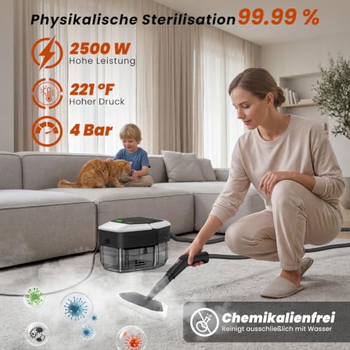 GalhanEhe 14 in 1 Household Cleaning Steamer, 3 Levels Adjustable Handle, Temperature Display, 15s in Heating, 1.8L Reservoir, for Kitchen, Bathroom, Car and Furniture (White and Black)