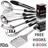 Kitchen Utensil Set - 7 High Performance Stainless Steel Cooking Tools - Nonstick Utensils Cookware Set With Spatula - Deluxe Gadgets With Hooks For Holder And A Cooking E-book (Utencilios De Cocina)