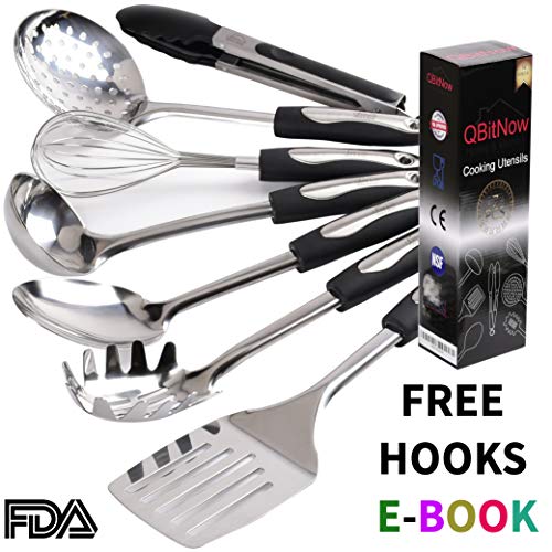 Kitchen Utensil Set - 7 High Performance Stainless Steel Cooking Tools - Nonstick Utensils Cookware Set With Spatula - Deluxe Gadgets With Hooks For Holder And A Cooking E-book (Utencilios De Cocina)