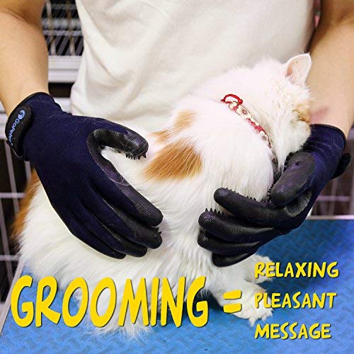GoPetee Pet Dog Grooming Glove 2 in 1 Cat Horse Hair Removal Massage Mitt Rubber Brush with Flexible Five Finger Design for Shedding Bathing Long and Short FurLong Short Fur (1 Pair) …