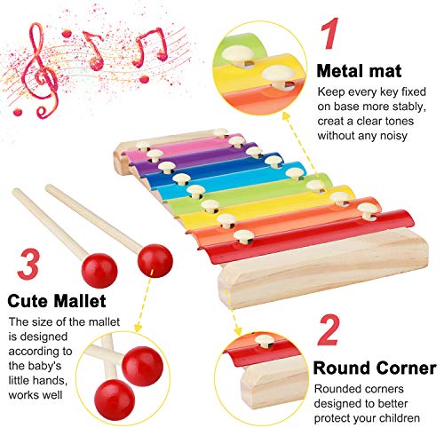 Firlar Baby Musical Instruments Toy Sets, 14 Pieces Music Wooden Education Toys with Tambourine Xylophone Percussion Instruments for Early Learning Toys for Toddler Boys Girl Gifts
