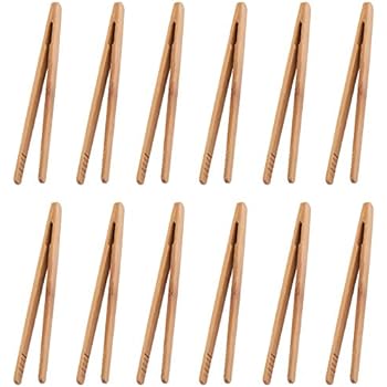 Lawei 12 pack Toast Tongs - 7 inch Bamboo Tongs for Toast, Bread, Fruit and Pickles