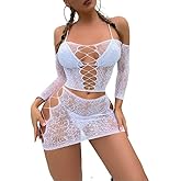 Hey Song Women's Mesh Cut-Out Rhinestone Studded Fishnet Lingerie Set Tube Top with Skirt Sparkly Club Wear Party Costume Set