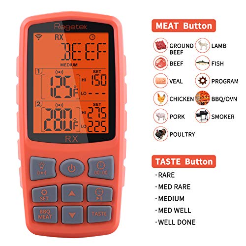 Regetek Wireless Grill Thermometer BBQ Oven Smoker Thermometer, Remote Digital LCD Cooking Food Meat Thermometer for Stove Kitchen Dual Probe/Clock Timer Alarm/Backlight (500 Feet) - Thumbnail 4