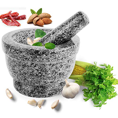 SZUAH Granite Mortar and Pestle Set, Solid Natural Excellent Granite Grinder Set, for Spices, Seasonings, Pastes, Pesto and Guacamole (6", 2 Cup Capacity, Black) … - Thumbnail 4