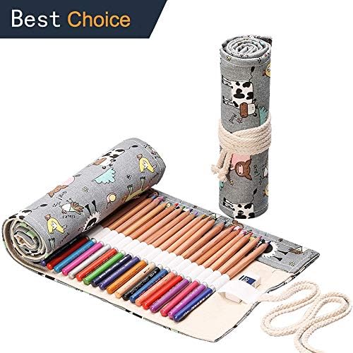 Canvas Pencil Cases Bag,Roll Up Pen Holder,Ballpoint Pen Markers Bag Tool Pouch Stationary Case Makeup Brush Bag for Student Adult Office School Supplies (1 Piece/Pack-Dairy Cows)