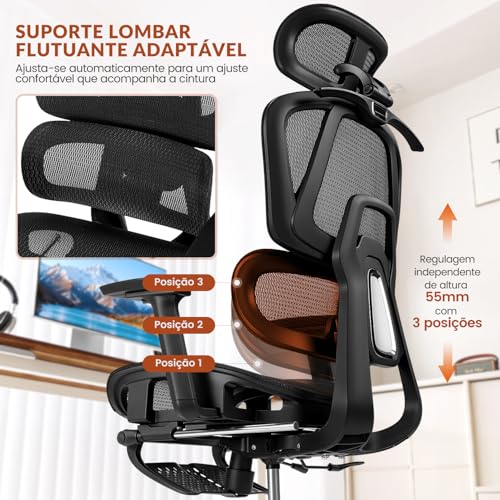 Cadeira Ergonomica,Cadeira Escritorio FivDaily L780, Giratória Reclinável 145°, Encosto Elevável Ajustável, Lombar Flutuante, Cabeça 8D, Braços 5D, Base Aço, Apoio para Pés para Home Office (Preto)