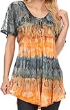 Sakkas 16786 - Monet Long Tall Tie Dye Ombre Embroidered Cap Sleeve Blouse Shirt Top - Grey / Coral - OS