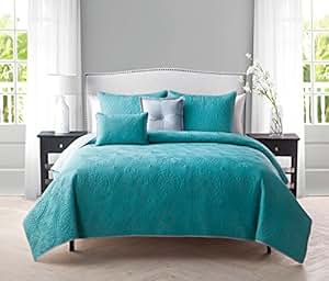 Amazon.com: 5 Pc, Reversible, Teal, Grey, Quilt Set, King ...