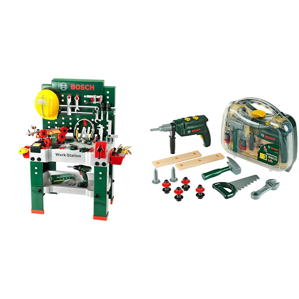Theo Klein 8485 Bosch Werkbank Nr. 1 | 150-teilig | Inkl. Werkzeuge und Zubehör & 8416 Bosch Werkzeugkoffer, groß | 16-teiliges Werkzeug-Set | Inkl. batteriebetriebenem Bohrer mit Licht und Sound
