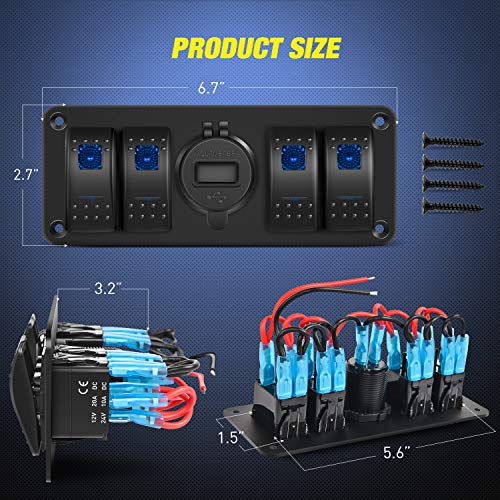 FXC 4-Gang Toggle Rocker Switch Panel With USB Charger & Voltmeter – 12V-24V, IP67 Waterproof For Boat, RV, Car – Green LEDs