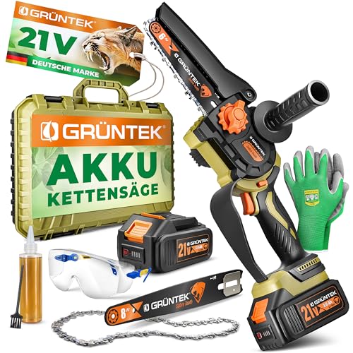 GRÜNTEK Akku Kettensäge 21V, Mini Motorsäge mit 2 Akkus, Elektrische Akku Astsäge, Gartensäge 1050W Brushless, Profi Handkettensäge, 6 und 8 Zoll Schw