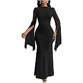 OYOANGLE Women's Slit Mesh Bell Sleeve Fishtail Long Dress Ruched Cocktail Bodycon Dresses