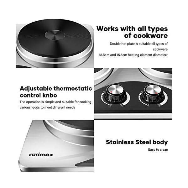 CUSIMAX Electric Double Hot Plate for Cooking Portable Electric Hob, Cooktop Table Top Hob with 2 Cast Iron Portable Hob…