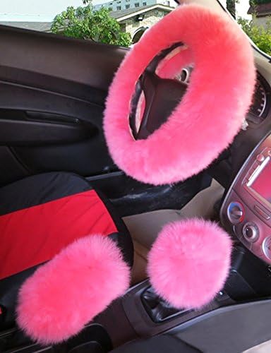 Faux Fur Steering Wheel Cover - Warm Faux Wool HandBrake - Fuzzy Fluffy Sheepskin Gear Shift Cover - 1 Set 3 Pcs - 14.96"x14.96" - For Womens Girls Ladies - 2018 New Arrival - Pink