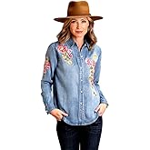 Stetson Women's Blue Denim Embroidered Long Sleeve Button Down Blouse Shirt Blue Small