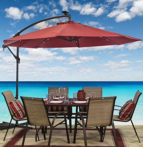 Sun-Ray 811045 10' Round Cantilever 8-Rib Offset Solar Patio Umbrella, 24 LED Lights, Crank with Adjustable Tilt, Cross Base, Aluminum Frame, Scarlet/Red