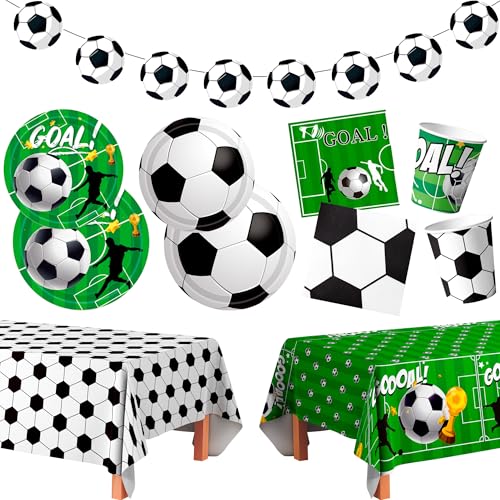 Football Party Supplies, 24 Guests Tableware for Birthday Football Parties – Football Party Plates Napkins Table Cloth Flag etc Birthday Decorations Football Theme