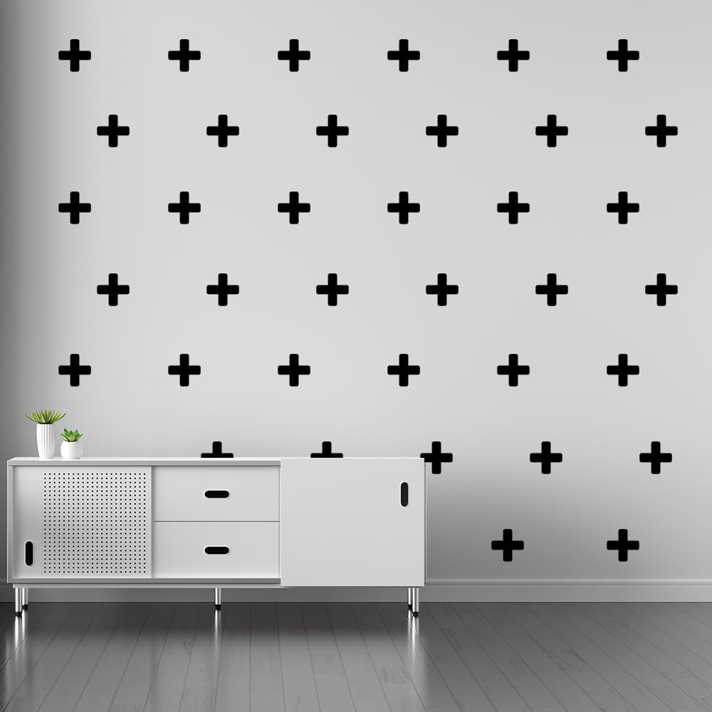 Photo 1 of 125 Pcs/Swiss Cross Black Plus Sign Wall Decals 2 Inch- Removable Wall Decals for Kids Room Decoration + Vinyl Decor by Bugybagy (Matte Black)