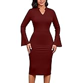 DinyIn Church Dress for Women Elegant Bell Sleeve Bodycon V Neck Business Wear to Work Classy Mid Pencil Dresses with Pocket
