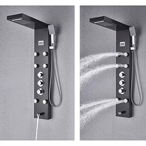 Rozin Thermostatic Rain Waterfall Shower Panel Set Tub Spout + Massage Body Jets + Handheld Spray Ti-Black Finish