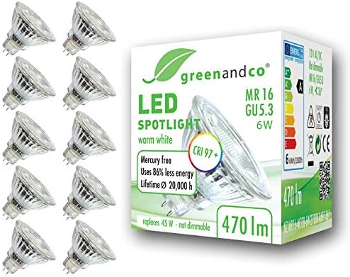 greenandco® CRI 97+ 2700K 36° LED spot Replaces 40 Watt GU5.3 MR16 Halogen Spotlight, 6W 380 Lumen Warm White 12V AC/DC, not dimmable, 10-Pack