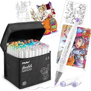 Ohuhu イラストマーカー 筆タイプ 80色81本 プロ愛用 パステル 筆・太字 薄色マーカーペン アルコール系 ブレンダーペン付き Honolulu シリーズ
