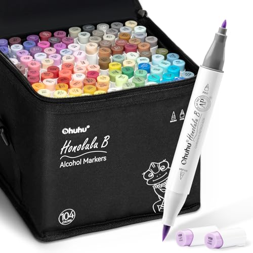 Ohuhu Rotuladores de alcohol, punta de brocha para 104 colores, doble punta a base de alcohol, juego de marcadores artísticos para artistas, adultos, ilustración para colorear - Honolulu B de Ohuhu