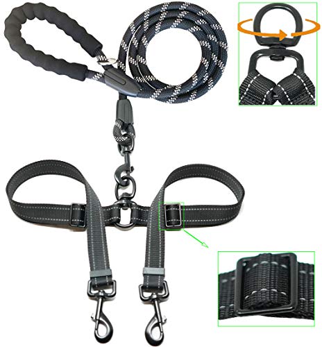 iYoShop Double Dog Leash with Three Extra Traffic Handles, 360 Swivel No Tangle Dual Dog Walking Leash, Comfortable Shock Absorbing Reflective Bungee for Two Dogs(15-120 lbs, Black)