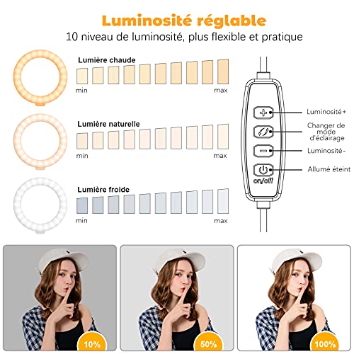 U UZOPI Ring Light avec Trépied, 6.3\'\' Anneau Lumineux avec Clip, Selfie Ring Light avec 3 Couleurs et 10 Niveaux pour Maquillage/Youtube/Tiktok/Vidéoconférence