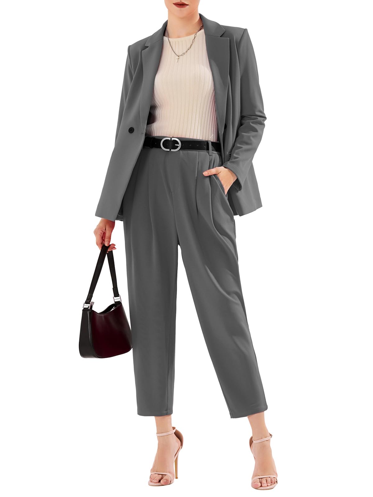 Photo 1 of **MISSING TOP**EXLURA Women's Business High Elastic Waist Pant Suit Set Loose Fit Casual Fall Winter Suits for Work Dark Grey SIZE LARGE