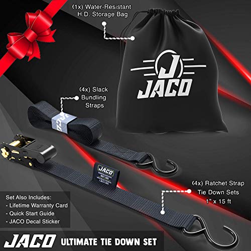 JACO-Ratchet-Tie-Down-Straps-4-Pack-1-in-x-15-ft-AAR-Certified-Break-Strength-1823-lbs-Cargo-Tie-Down-Set-with-4-Utility-Ratchet-Straps-4-Bundling-Straps-and-Accessories-Black