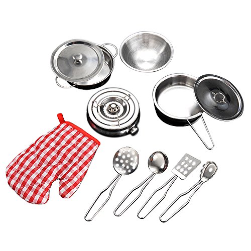 11 piezas de acero inoxidable niños simulación ollas cacerolas cucharas cocina juguete cocina fingir PLAYSET juego de rol Toy Kit low-cost - interiormotivedesign.com