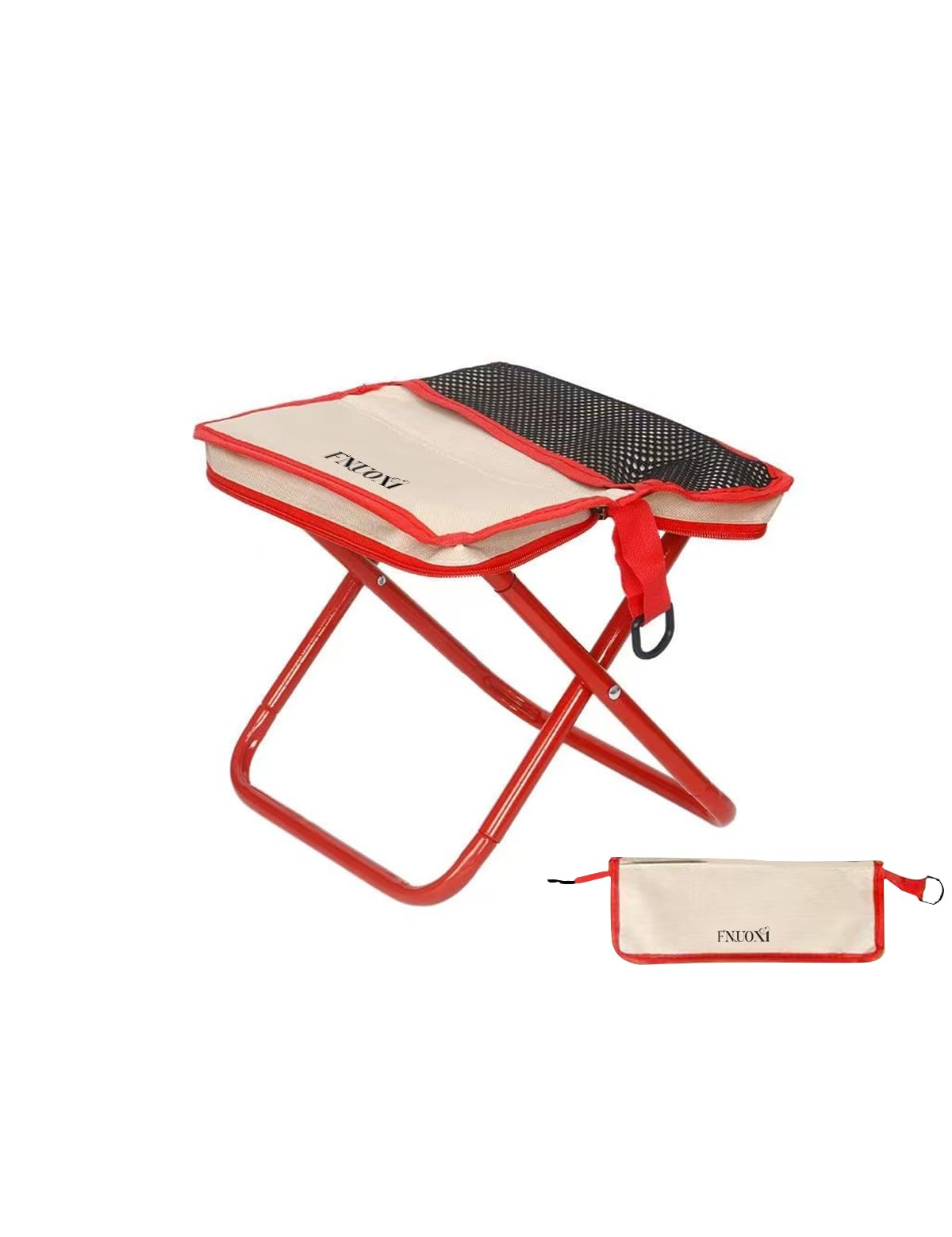 Photo 1 of 2-in-1 Portable Folding Stool with Crossbody Carry, Converts to Bag with Mesh Storage, Oxford Fabric High-Carbon Steel, for Camping Fishing, Medium Size 25x29x26cm, Red Color