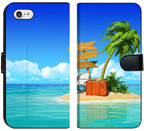 Liili Premium iPhone 7 Flip Micro Fabric Wallet Case Desert Tropical Island with Palm Tree Chaise Lounge Suitcase and Three Empty Wooden Signpost Concept Image