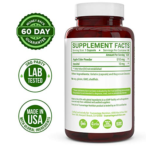 Apple Cider Vinegar Pills with Inositol- Supports Detox Cleanse, Natural Weight loss, Digestive Enzymes and Healthy Blood Sugar-All Natural Apple Cider Cleanse Keto Burner