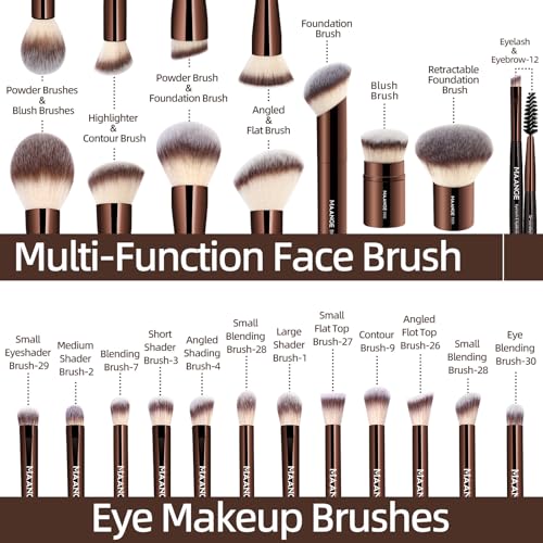 MAANGE 20 PCS Foundation Makeup Brush Set, Double-ended Kabuki Contour Brush for Liquid Powder Concealer Blending Blush Face Makeup Tools (20pcs-Coffee)