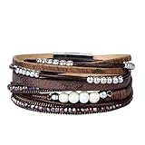 AZORA Womens Leather Wrap Bracelet Handmade Pearls Beads Cuff Bangle Bracelets for Women Girls