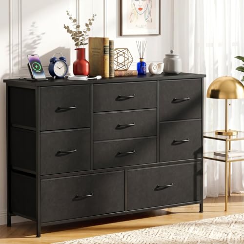 FURRIFIC Cómoda Gran Capacidad de 9 Cajones,100 * 75 * 30cm,Cajonera para Recamara,Ropa,Hogar Y Oficina,Organizador Cajonera de Estructura Metal con Cajones de Tela en 3 Tamaños,Negro