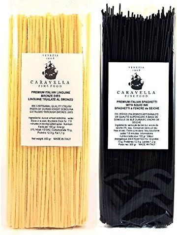 (Pack of 2 Save on Shipping!)Caravella Premium Italian Bronze DIE LINGUINE Artisanal Organic Pasta 500 gr + Premium Black Squid Ink Spaghetti 500 gr, Gourmet Fine Foods Directly from Venice