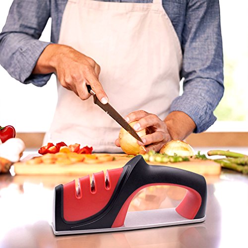 Heavy-Duty Kitchen Knife Sharpener - GUYUCOM - 3 Stage Sharpening System with Humanized Design of Handle Non Slip Base For Household Kitchen, Restaurant, Suitable for Various Cutlery - Thumbnail 6