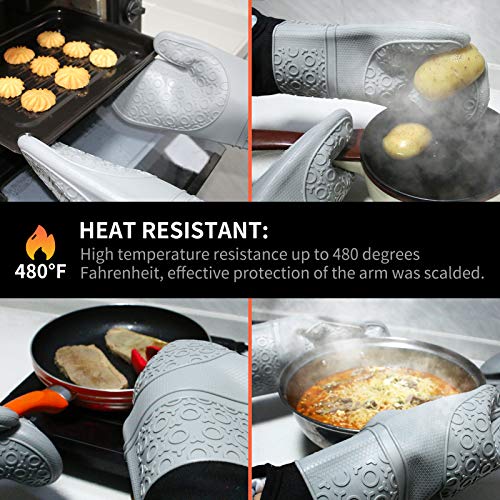 6 Pack Silicone Oven Mitts and Pot Holders Set - Extra Long Oven Mitts 480℉Heat Resistant Non-Slip Oven Mitts for Kitchen Baking Cooking,Gray