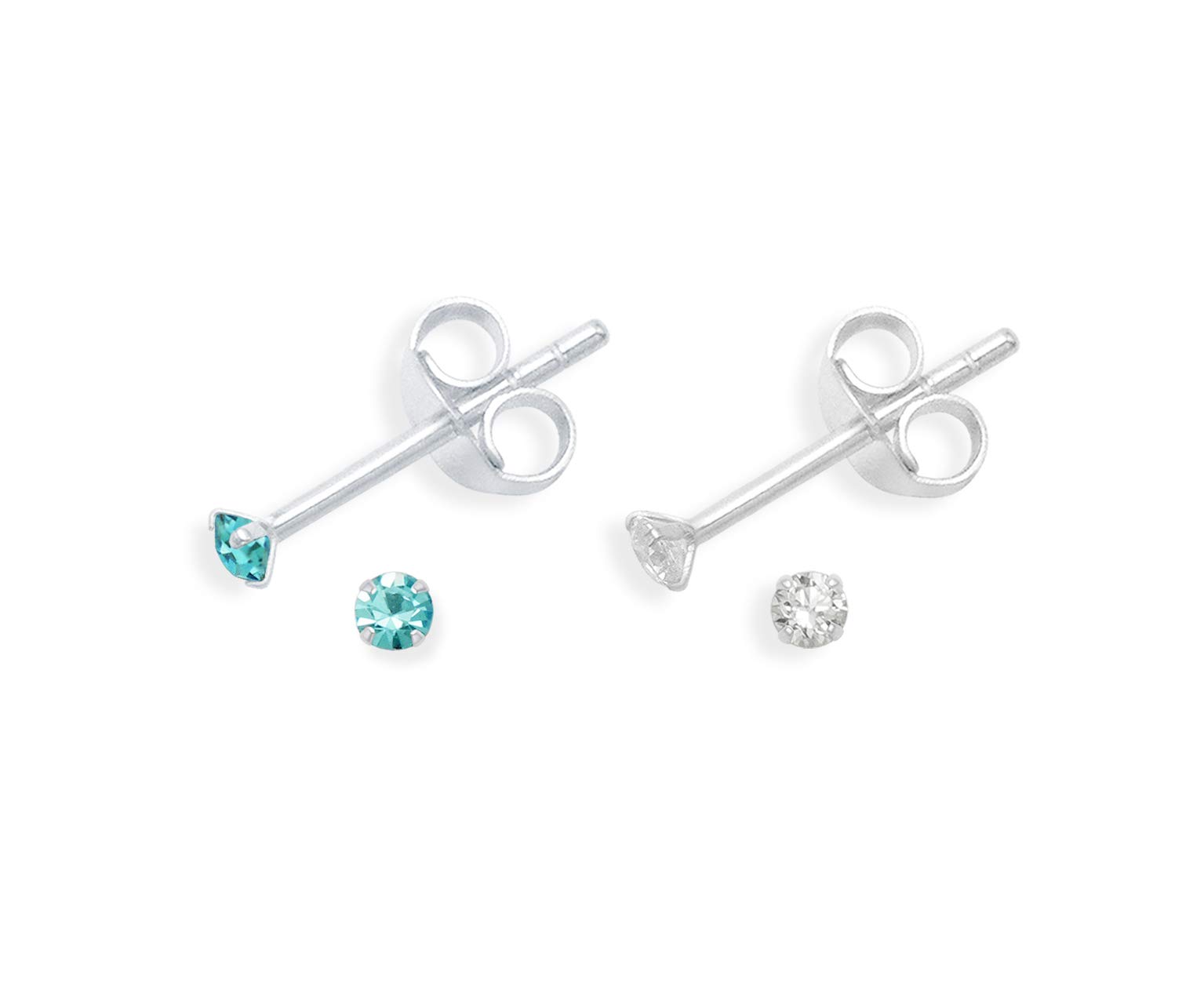 Set of 2 PAIRS Sterling Silver Turquoise Cubic Zirconia Earrings - SIZE: TINY 2mm - Very Small & discreet - Turquoise & Clear 5549TQZ/SET