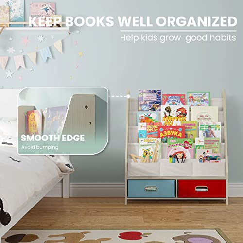 SEIRIONE Kids Book Rack, 4 Sling Bookshelf, 2 Storage Boxes and Toys