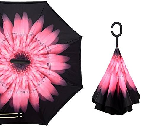 Self Standing Inverted Umbrella,Ompakey Double Layer Reverse Folding Windproof UV Protection Cars Outdoor Reversible Umbrella With C-Shaped Handle