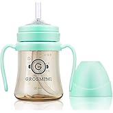 GROSMIMI Spill Proof no Spill Magic Sippy Cup with Straw with Handle for Baby and Toddlers, Customizable, PPSU, BPA Free 6 oz (Aqua Green)