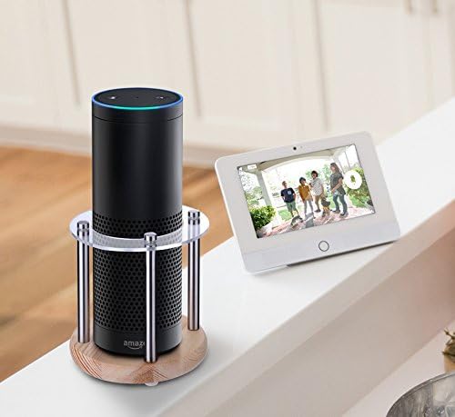 IWOODI #1 Acrylic Amazon Alexa Echo Speaker Stand (Wood &amp; Clear Acrylic) - Enhanced Strength and Stability to Protect Alexa Boom Speaker - Mount Stabilizes Sound - Sleek Smart Home Decor