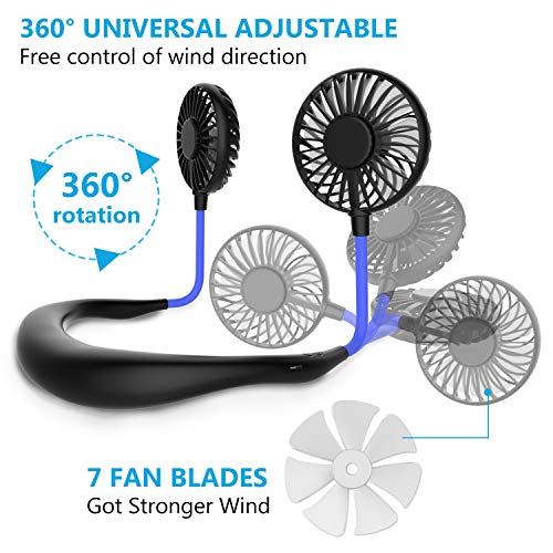 Hands Free Portable Neck Fan - Rechargeable Mini USB Personal Fan Battery Operated with 3 Level Air Flow, 7 LED lights… - Image 2